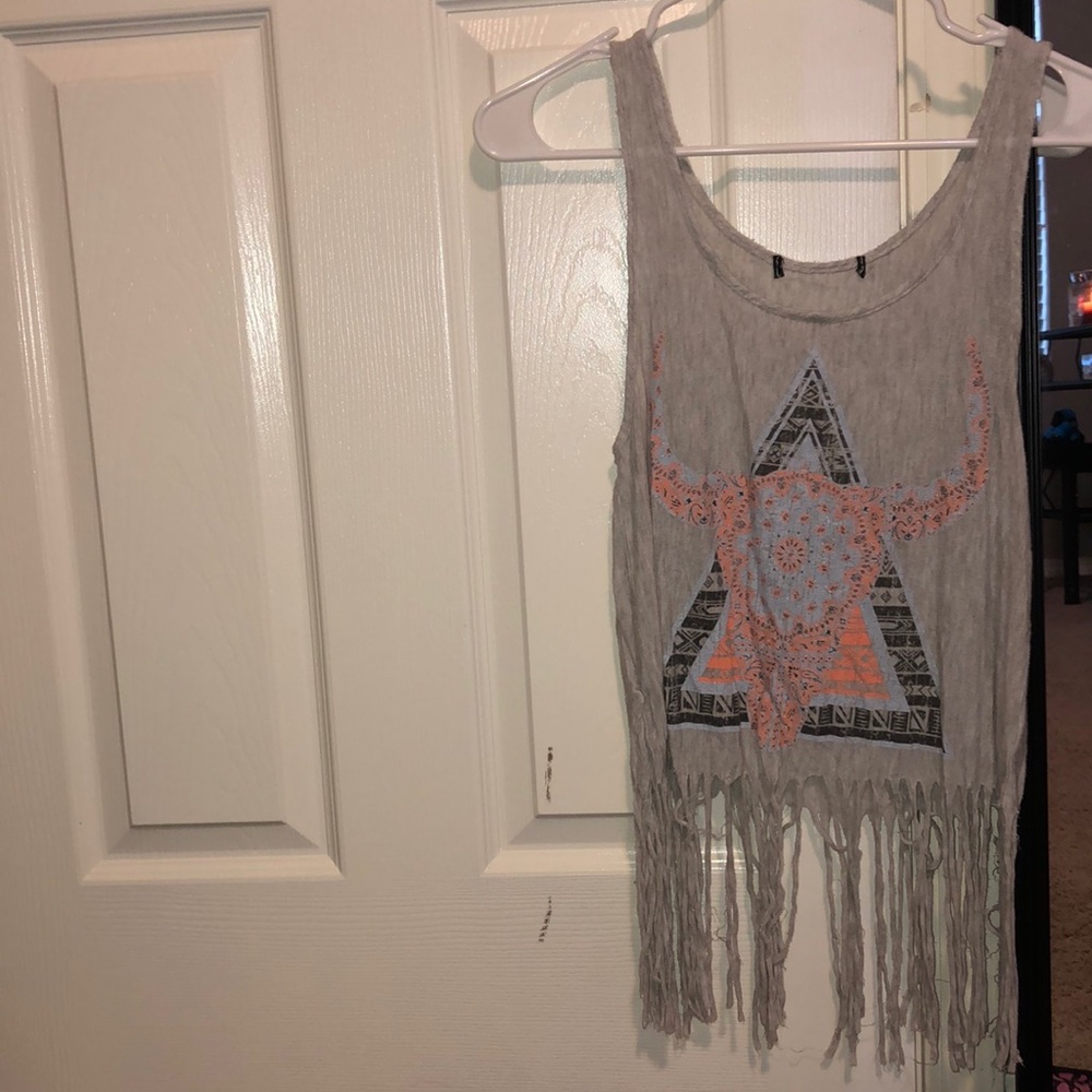 Grey tank top with fringes at the bottom